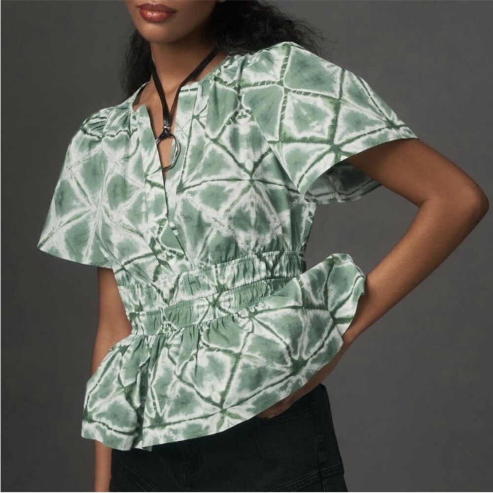 New Anthropologie Somerset Blouse Green White Medium